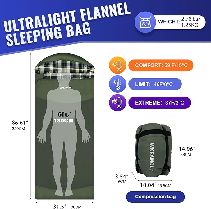 Backpacking Flannel Sleeping Bag Lightweight for Adults Hiking Ultralight Compact Sleeping Bag Portable Warm Weather Summer with Compression Sack