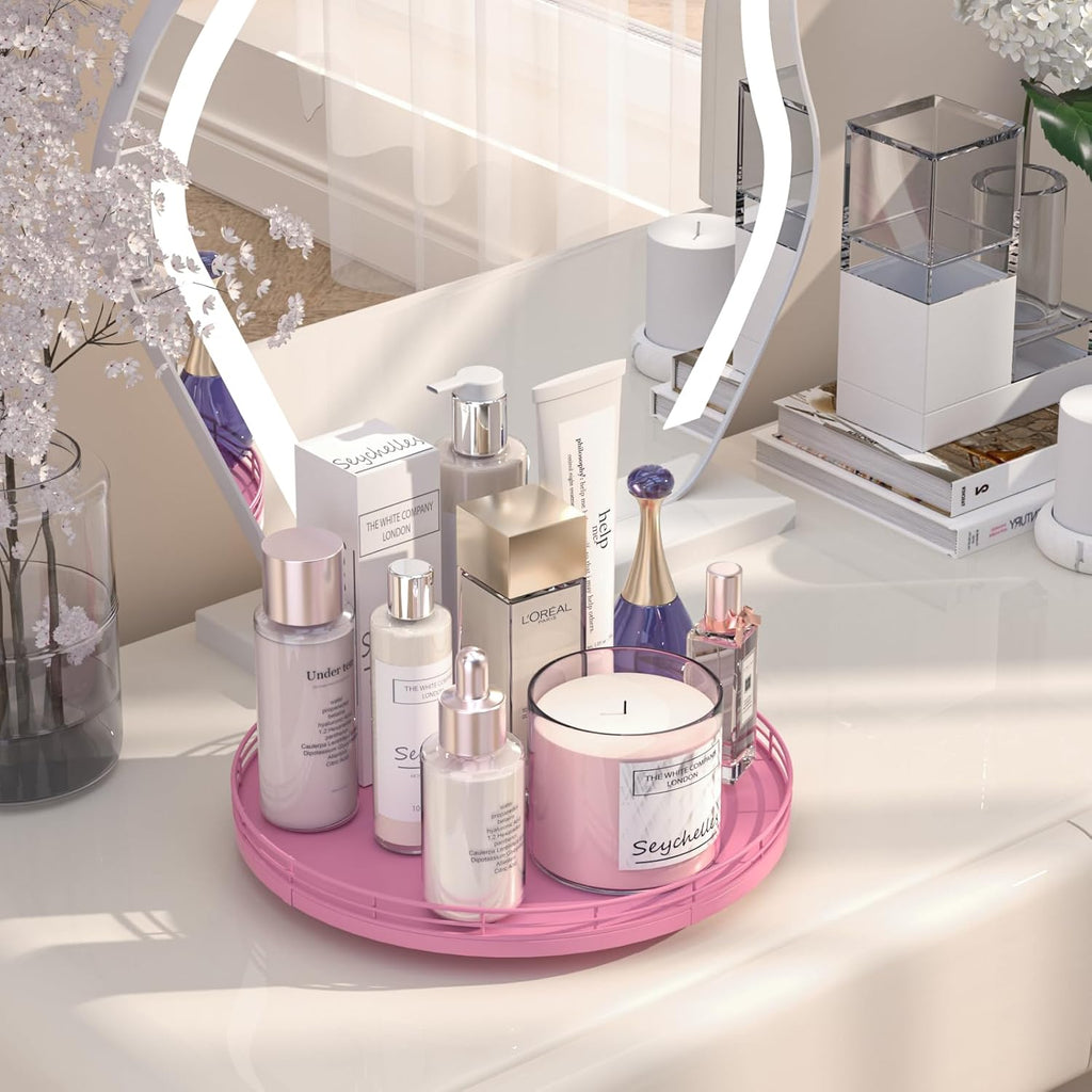 12" Oak Wood Bathroom Tray for Counter, Vanity Tray for Perfume Lotion Candle Makeup Jewelry Sink Soap Holder Turntable Dresser Organizer Countertop Coffee Table Decor Organization and Storage Pink