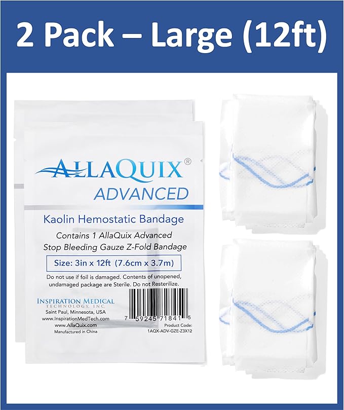Advanced Kaolin Hemostatic Bandage – Sterile Z-Fold Clotting Gauze (3 in. x 12 ft) | Stops Bleeding Fast for Emergency, Trauma, First Aid, and Survival Kits (2-Pack)