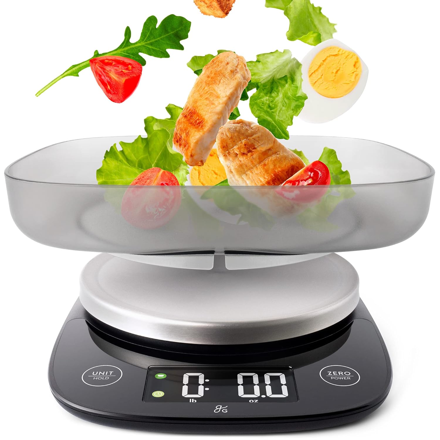 Greater Goods Digital Food Scale with Bowl, 11lb to 5kg Capacity, Grams and Ounces, Tare Function, 4 Units for Baking, Meal Prep, Weight Loss, Stainless Steel