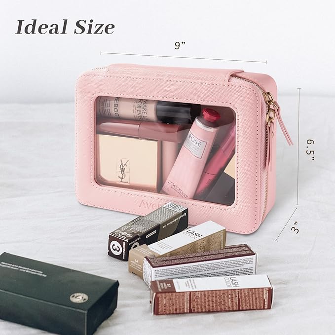 Aveniee Clear Makeup Bag Organizer, Portable Travel Toiletry Cosmetic Bag Case for Women, Heavy Duty Vegan Leather Make Up Pouch with Transparent Vinyl Windows & Gold Zippers(Pink)