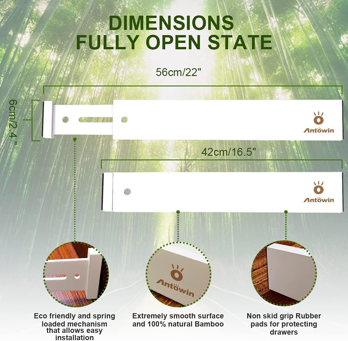 ANTOWIN Bamboo Drawer Dividers Organizers, Expandable Drawer Separators Splitter,17-22 inches Long Adjustable Spring-loaded Organizer for Large Utensil, Clothes, Tools Drawers (White)