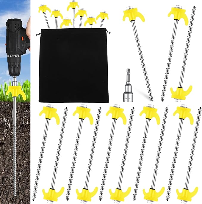 20 Pcs 8" Screw in Tent Stakes Heavy Duty Tent Stakes Drillable Ground Anchors Screw Metal Tent Pegs Threaded Tent Spikes with Head Driver for Swing Inflatable Decor (Yellow)