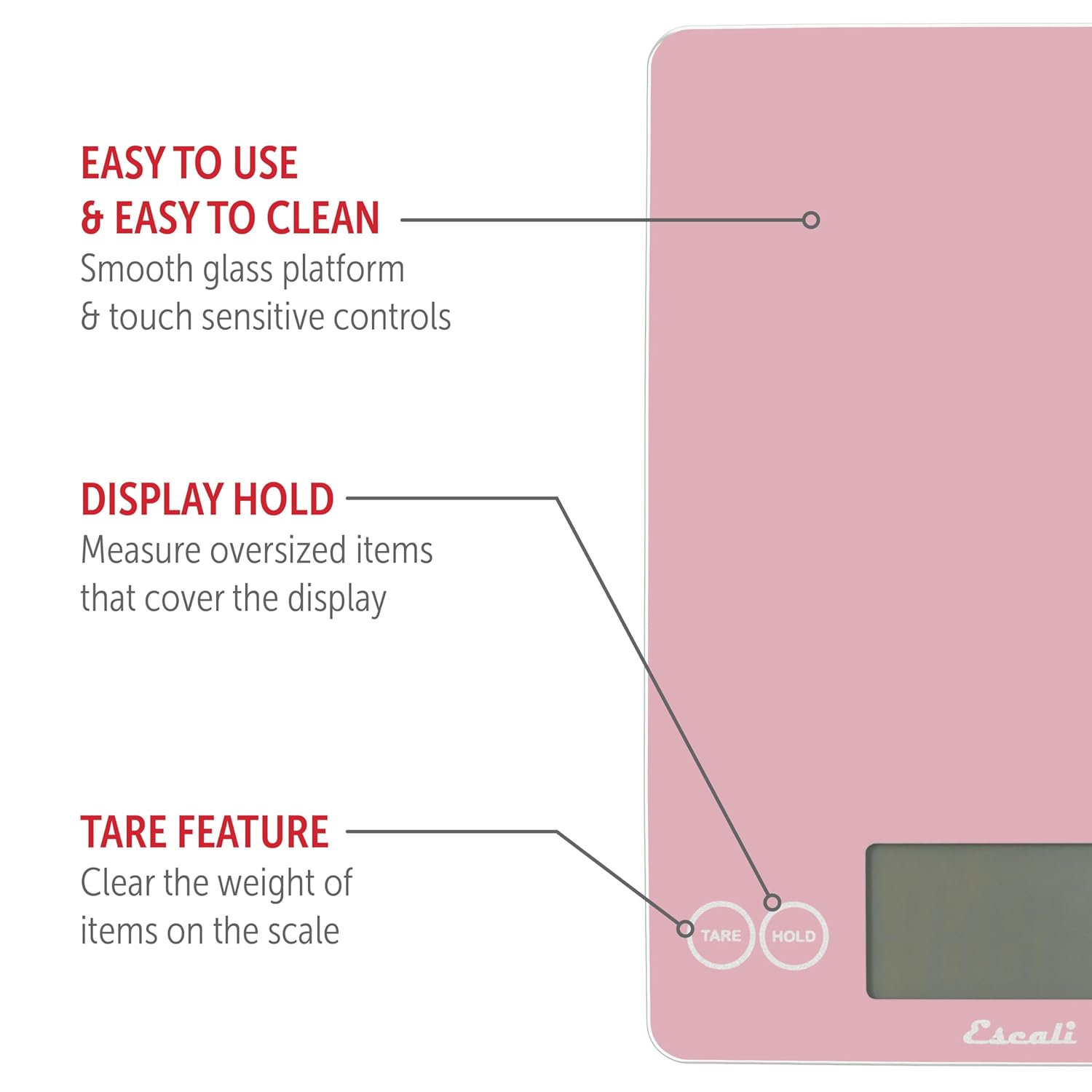 Escali Arti Classic Digital Coffee Scale Espresso Scale and Countertop Food Scale, 15-Pound Capacity, Pink