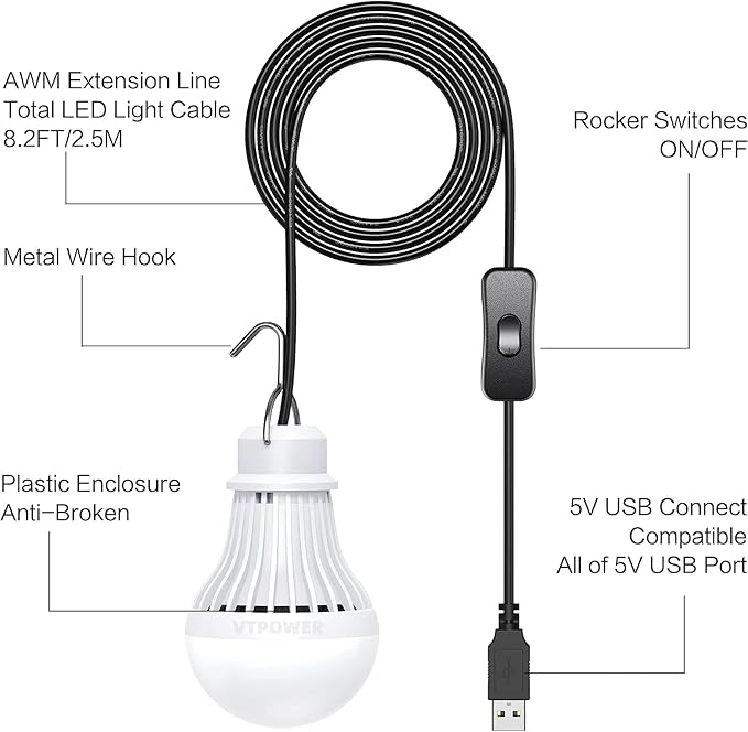 2 Pack USB Light Bulb, USB LED Camping Light Lantern, 8.2 ft Extra Length Cord Tent Light with USB Y-Cable, Portable LED Bulb for Garage Warehouse Car Truck Fishing Boat Room Emergency Light, White