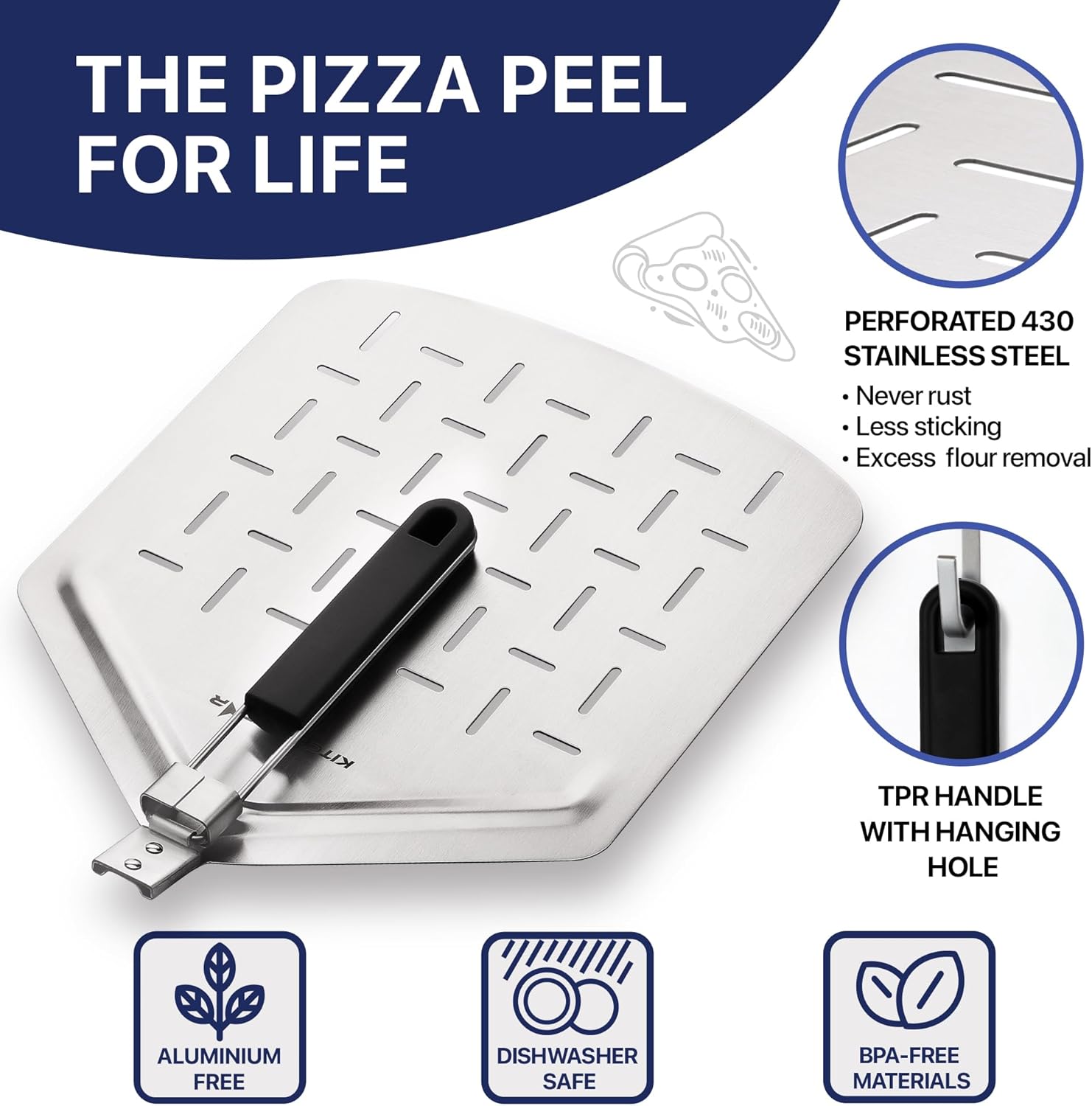 14" Pizza Making Kit (Set of 2) - 14" Pizza Cutter Rocker Knife with Blade Cover + 13" Perforated Stainless Steel Pizza Peel with Folding Handle - Ultimate Pizza Oven Accessories