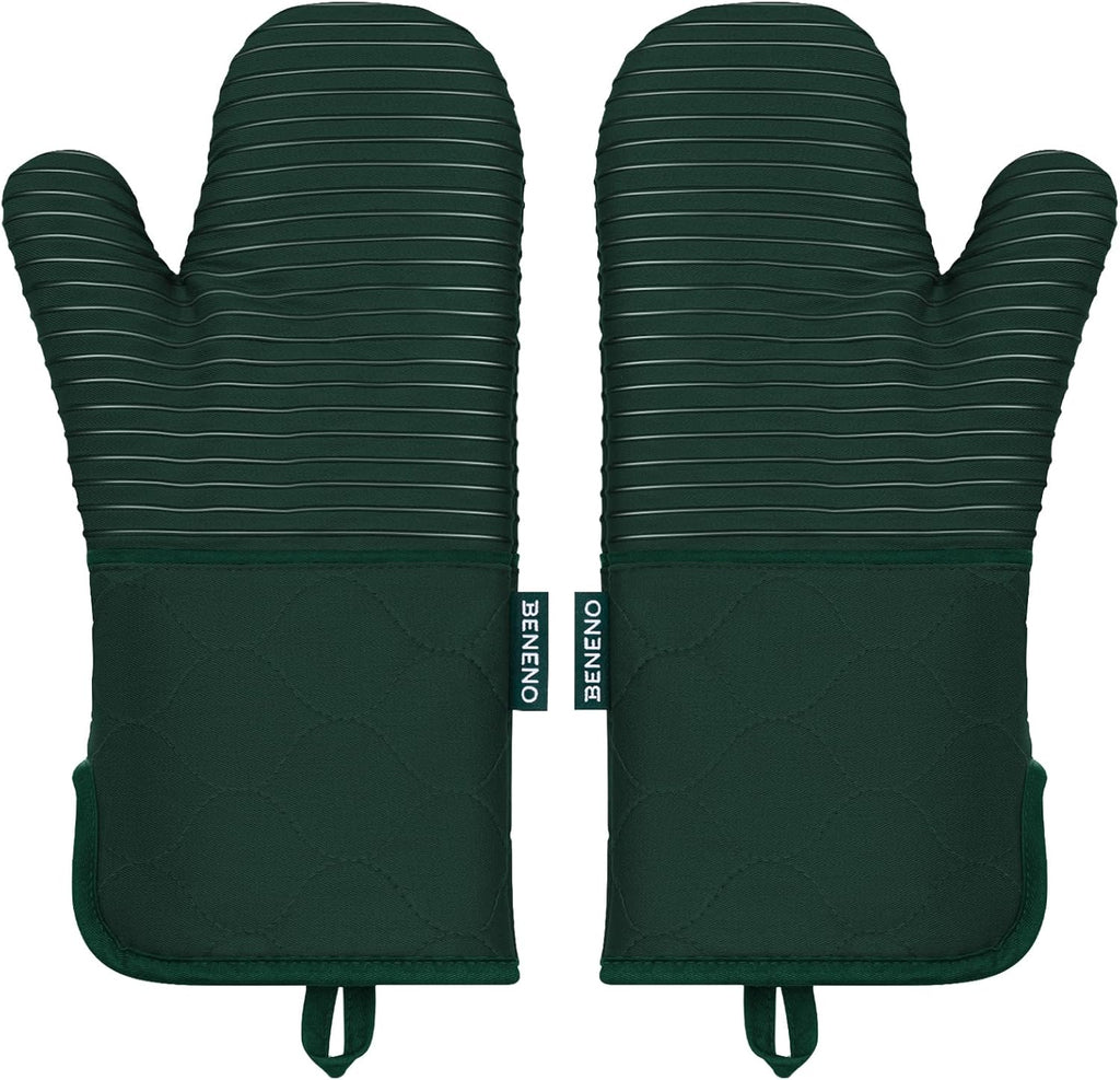 Beneno Kitchen Oven Mitts 2-Pack Heat Resistant to 500°F with Non-Slip Silicone Grip, Extra Long 14.3" Forearm Protection, Soft Quilted Cotton Terry Lining, Ideal for Cooking, Baking, Grilling, Green