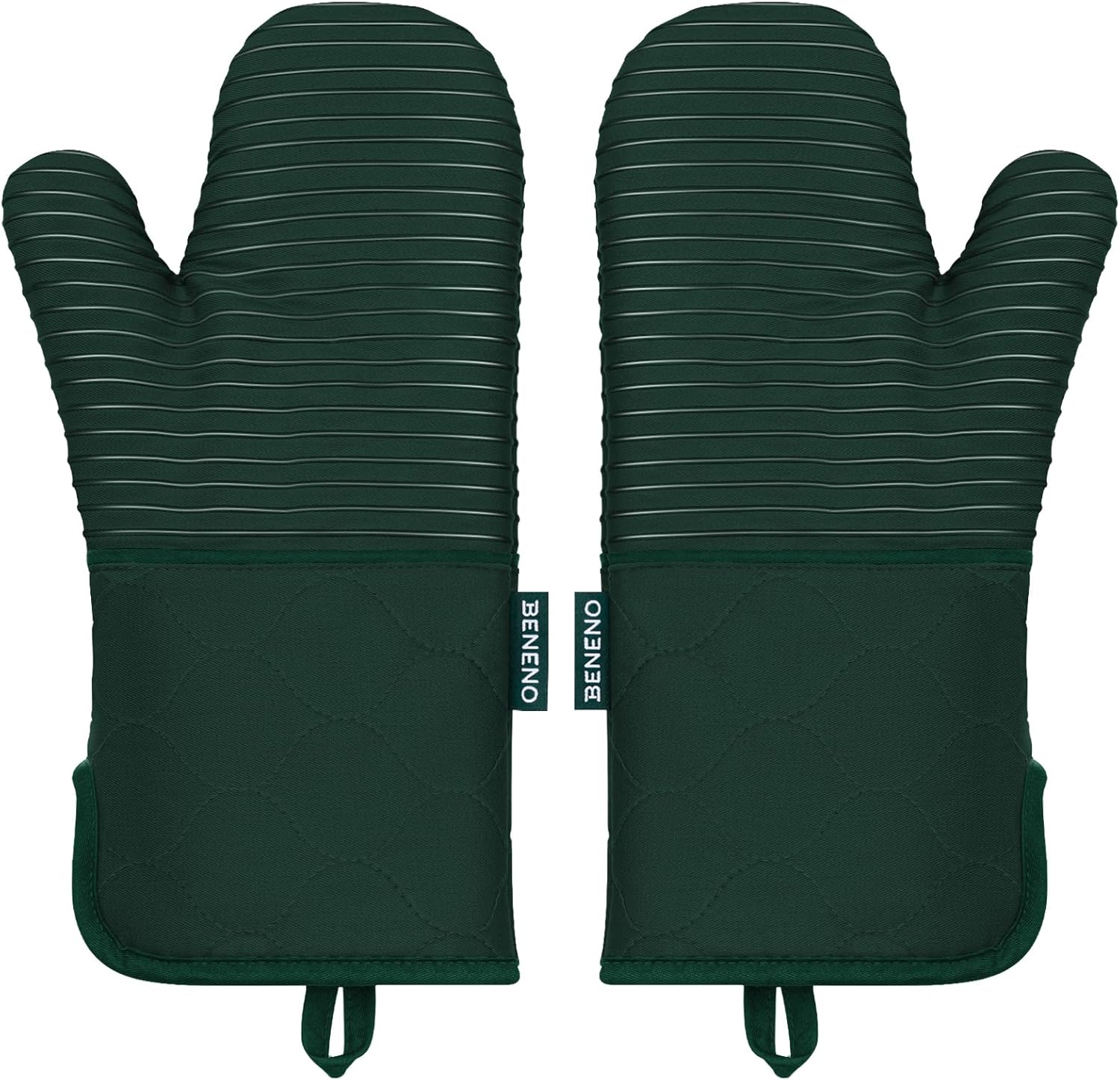 Beneno Kitchen Oven Mitts 2-Pack Heat Resistant to 500°F with Non-Slip Silicone Grip, Extra Long 14.3" Forearm Protection, Soft Quilted Cotton Terry Lining, Ideal for Cooking, Baking, Grilling, Green