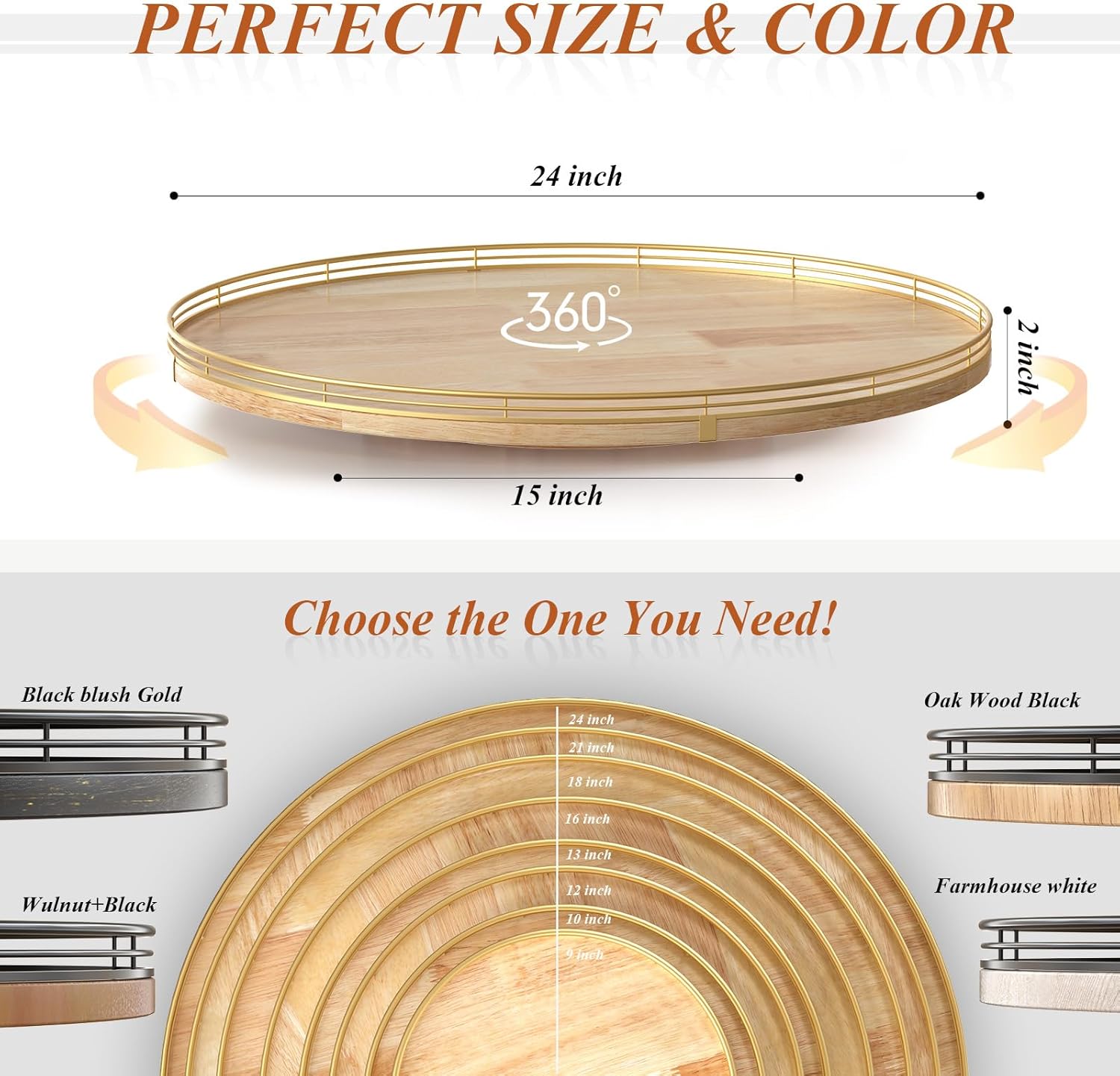 24 Inch Extra Large Lazy Susan Turntable - Premium Solid Oak Wood & Iron | Rustic Farmhouse Rotating Tray for Dining Table, Kitchen Countertop, Centerpiece Decor | Smooth 360° Spin | Durable & Stylish