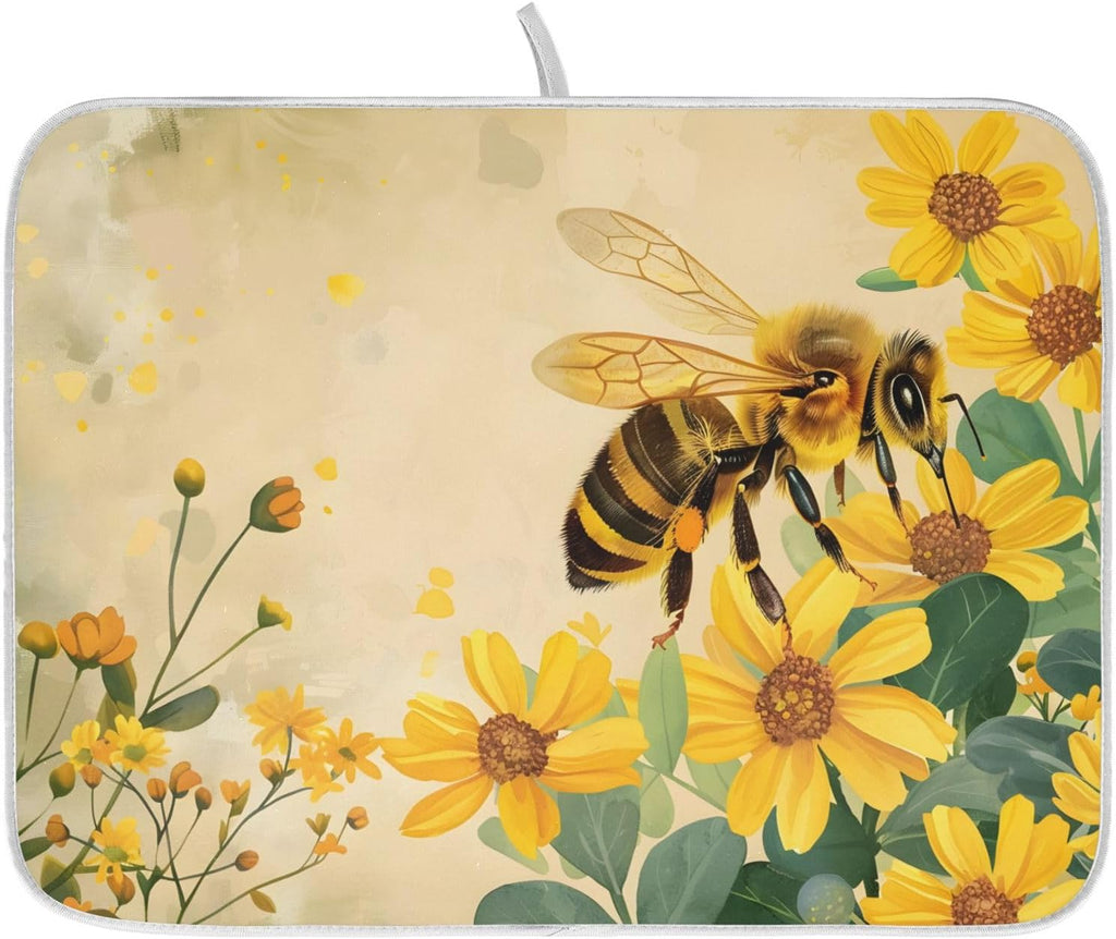 Honey Bee Dish Drying Mat for Kitchen Counter Absorbent Microfiber Large Drying Pad Yellow Flowers Leaves Dish Mats for Kitchen Countertops 18 x 24 Inch117