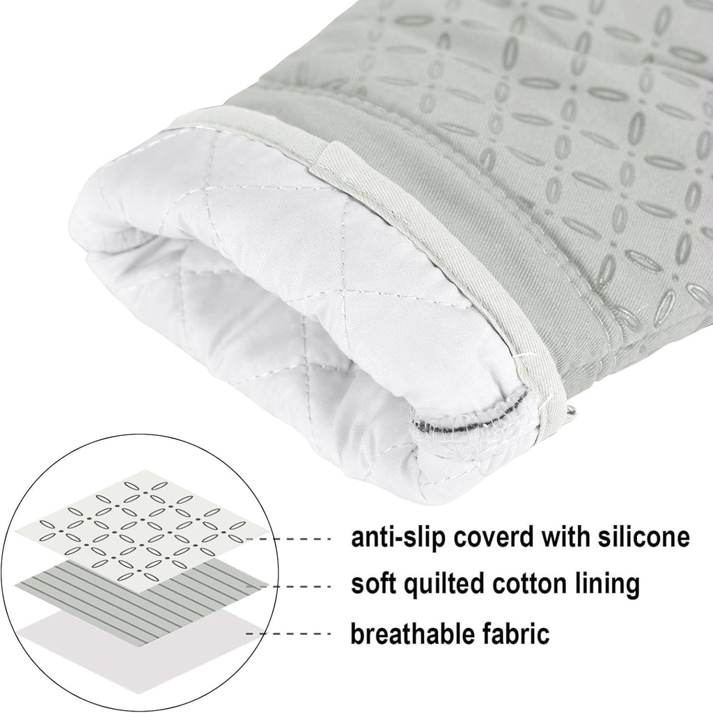 KEGOUU Oven Mitts and Pot Holders 6pcs Set, Kitchen Oven Glove High Heat Resistant 500 Degree Extra Long Oven Mitts and Potholder with Non-Slip Silicone Surface for Cooking （Greenish Gary）