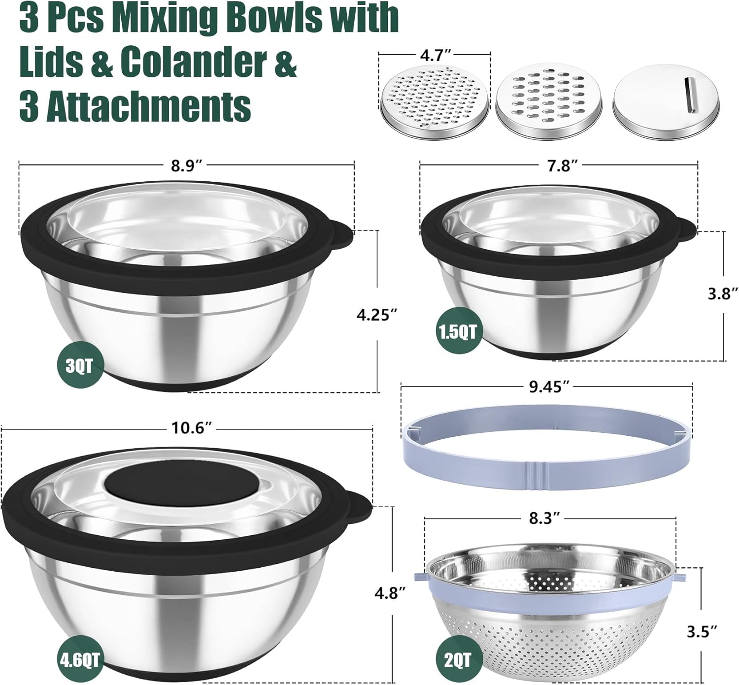 TeamFar Mixing Bowls with Colander Set, Stainless Steel Strainer and Nesting Salad Bowls, with Lids & 3 Graters, Non-Slip Bottom & Visible Lid, Rotatable & Dishwasher Safe, 4.6/3/1.5 QT, Black