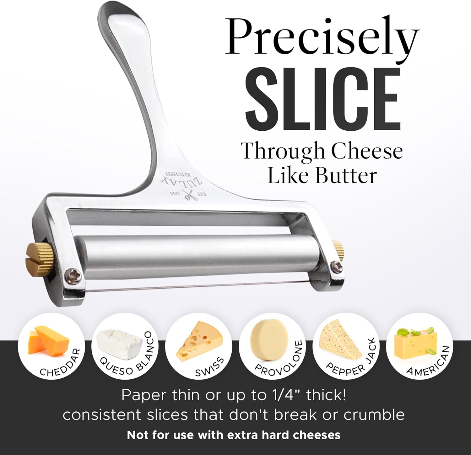 Zulay Kitchen Stainless Steel Wire Cheese Slicer - Adjustable Hand Held Cheese Cutter with 2 Extra Wires - Premium Cheese Shaver for Mozzarella, Cheddar, Gruyere - Cheese Cutter with Wire (Silver)