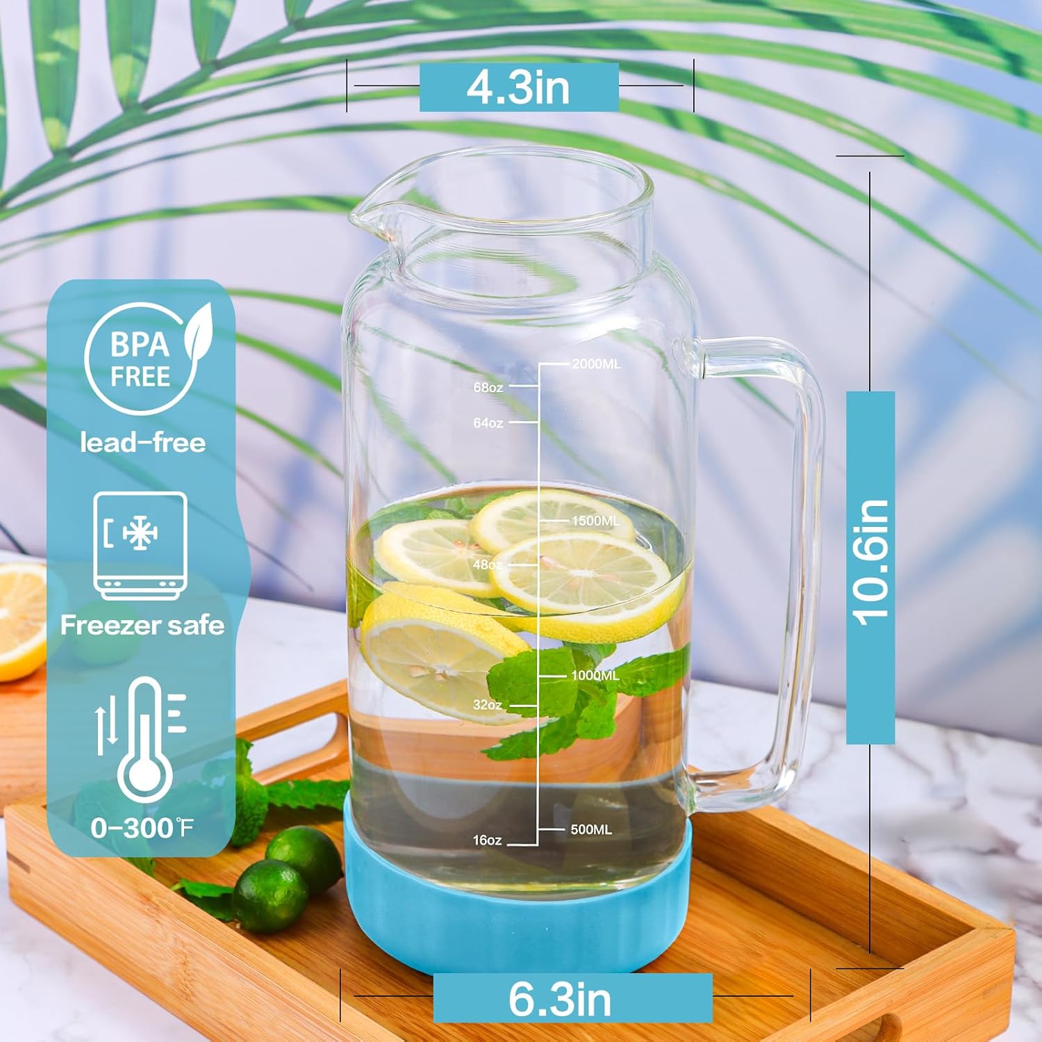 Aofmee 68oz Glass Pitcher with Lid, 2 Liter Water Carafe with Silicone Base and Precise Scale Line, Ice Tea Pitcher for Fridge, Anti-Slip Glass Jug for Sun Tea Juice Coffee Milk Beverage (Blue)
