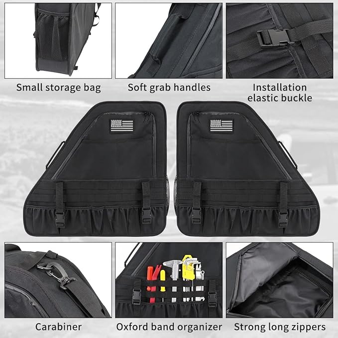 2Pcs Rear Roll Bar Storage Bags Car Trunk Cargo Cage Organizer Multi-Pockets Handbags Organizers Cargo Bag Saddlebag Kit Accessories for Ford Bronco Offroad 2/4 Door 2021-2024 (BLACK)