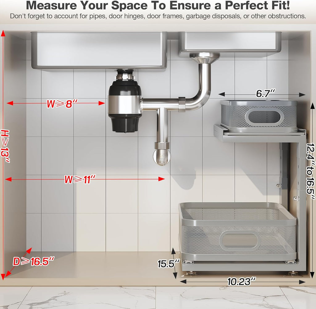 2 Pack 15.5IN-Depth Under Sink Organizer With Next-Gen Ball-Bearing Slides,2-Tier Precision Mesh Pull Out Cabinet Storage for Bathroom&Kitchen,Height Adjustable Drawers Shelf,Anti-rust-Grey