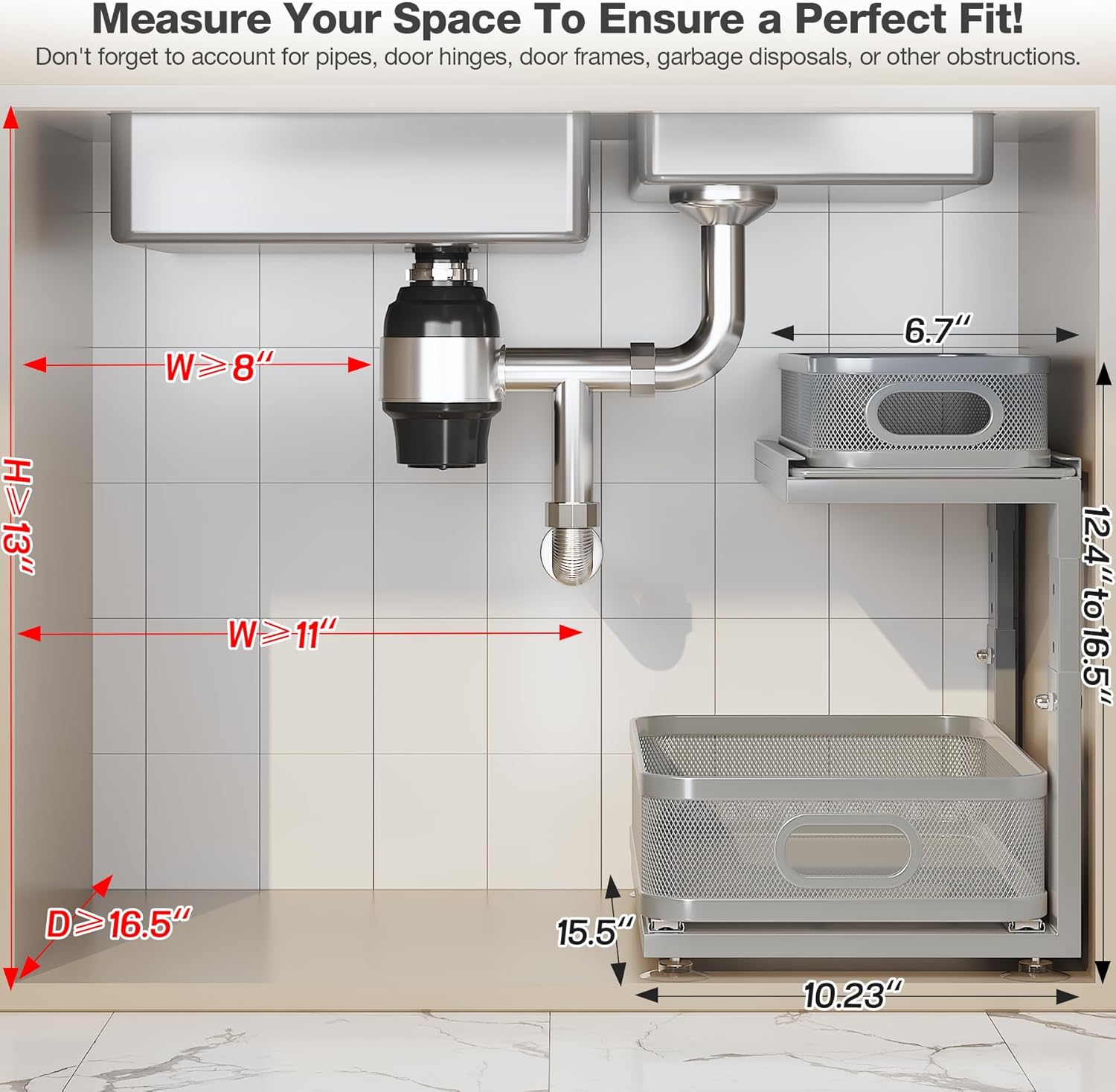 1 Pack 15.5IN-Depth Under Sink Organizer With Next-Gen Ball-Bearing Slides,2-Tier Precision Mesh Pull Out Cabinet Storage for Bathroom&Kitchen,Height Adjustable Drawers Shelf,Anti-rust-Grey