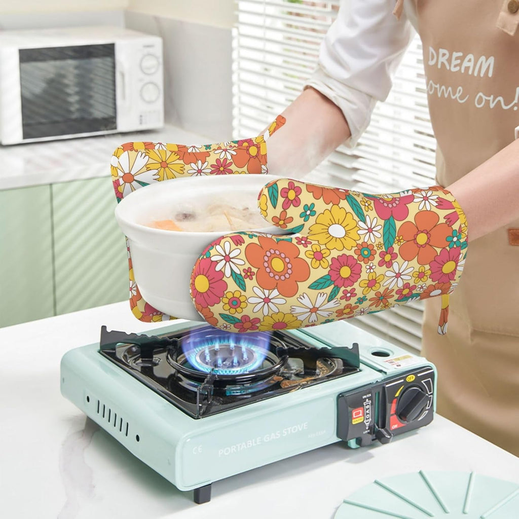 Hippie Groovy Flower Oven Mitts Pot Holders Set Silicone Heat Resistant Flowers Florals Pattern Oven Mitts and Hot Pads Potholders Non-Slip Oven Gloves for Cooking Baking Grilling BBQ