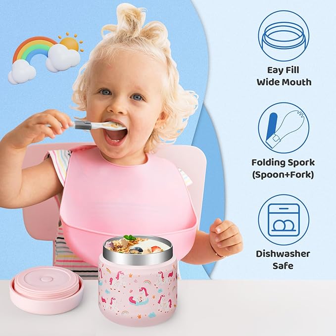 12oz Thermo for Hot Food - Cute Mermaid Girl Vacuum Wide Mouth Insulated Food Jar, Stainless Steel Lunch Storage Food Soup Container w/Insulated Bag & BPA-Free Folding Spoon for Toddler Kid
