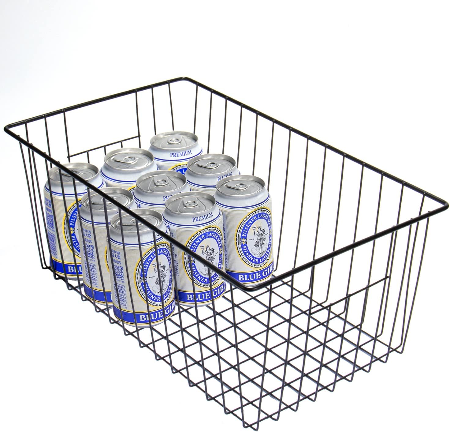 16inch Freezer Storage Organizer Baskets, Refrigerator Metal Wire Basket Bins with Handles for Kitchen, Pantry, Cabinet, Closets(Black, 3Pack)