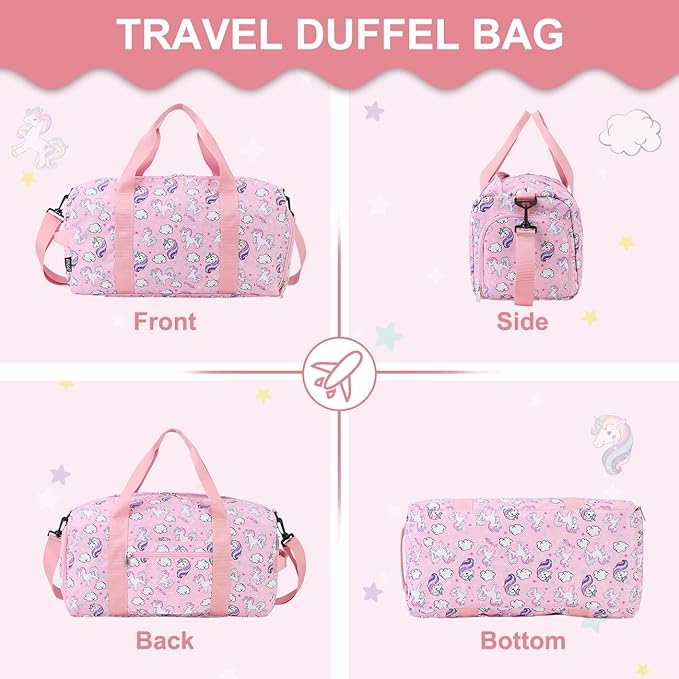 Duffle bag for Girls,RAVUO Water Resistant Travel Overnight Weekend Bag Carry On Bag for Gym Sport Dance with Shoe Compartment and Wet Pocket Unicorn