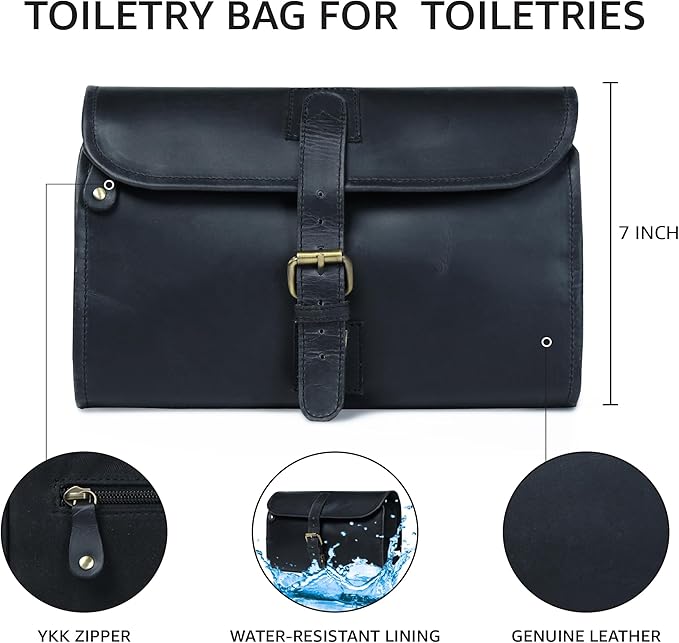 LEATHER VILLAGE Hanging Toiletry Bag for Men & Women, Handcrafted Vintage Cosmetic & Shaving Organizer Travel Dopp Kit- Black