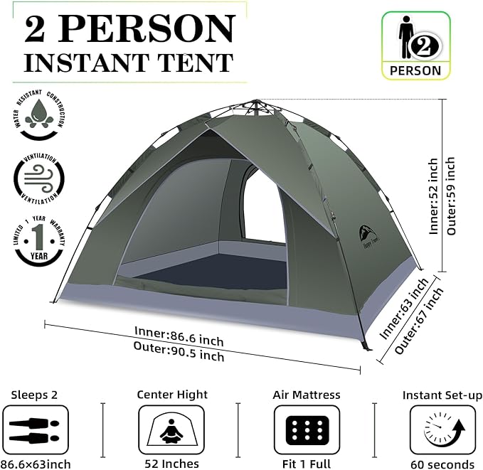 Happy Travel 1/2/3/4 Person Camping Tent, Instant Easy Pop Up Tents for Camping,Automatic Waterproof Family Camping Tent, Easy Set Up Tent,Portable Windproof Dome Tent for Camping Hiking & Traveling