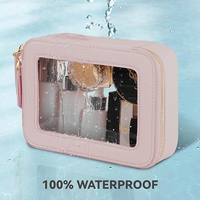 Prite Clear Makeup Bag Cosmetic Organizer Case Waterproof Travel Toiletry Bag Skincare Pouch with Golden Zipper(Pearlescent Pink)