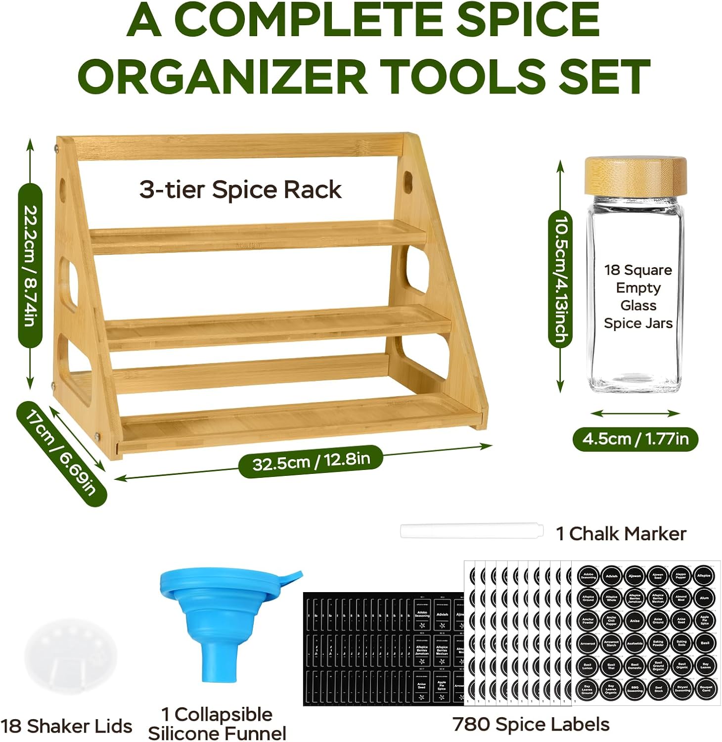 3 Tier Bamboo Spice Rack Organizer with 18 Spice Jars, 780 Labels, Wood Shelf, Chalk Marker and Funnel Set for Cabinet Kitchen Countertop, Empty 4 oz Glass Jars