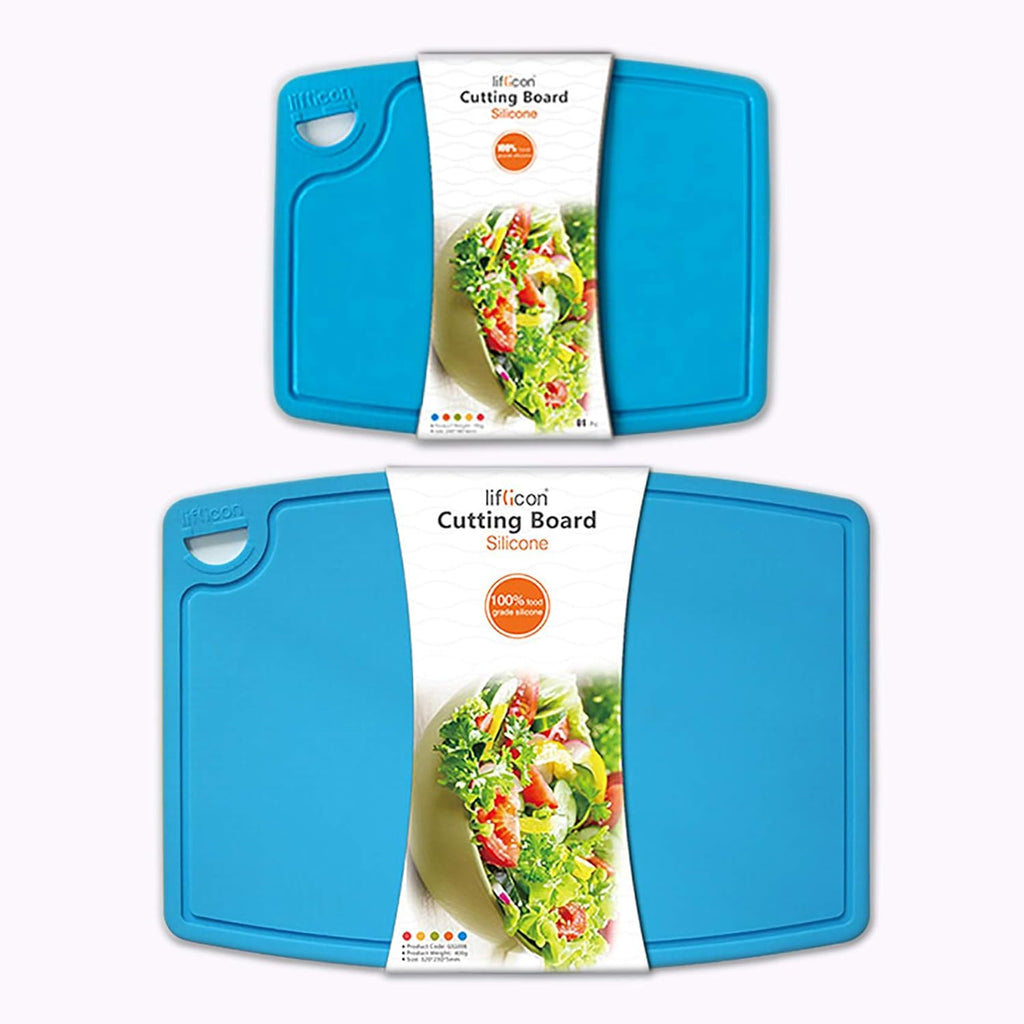 Thick Cutting Boards for Kitchen Silicone Chopping Board Set of 2 Mid 12.6'' x 9.1”,Mini 9.1”x7.1” Non-slip Deep Drip Juice Groove Easy Grip Handle,Dishwasher Safe-Blue