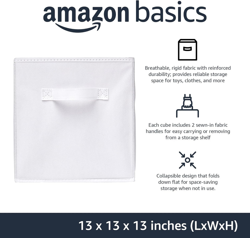 Amazon Basics Cube Organizer Storage Bins Handles, Collapsible Fabric, Pack of 6, 13"x13"x13", White