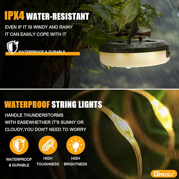 2 Pieces Camping String Lights - Outdoor String Lights with 8 Modes, Type-C Fast Charging, Durable & Waterproof for Camping, Party, and Christmas, with Storage Case (32.8ft-2pcs)