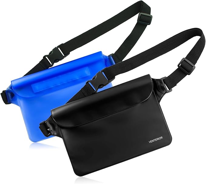 Waterproof Waist Pouch 2-Pack | Beach Accessories Fanny Pack for Swimming Snorkeling Sailing Kayaking Beach Pool Water Parks | Keep Your Phone Wallet Safe and Dry (White & Black)