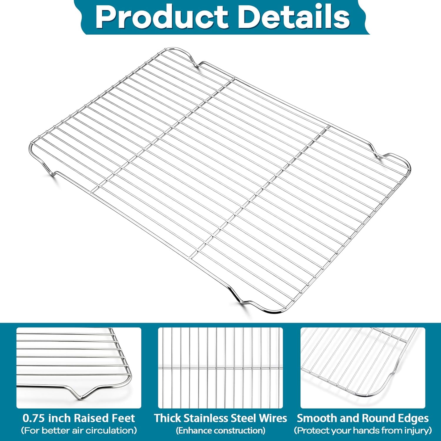 P&P CHEF Baking Cooling Rack Set for Cooking Roasting, 4-Piece Stainless Steel Wire Racks for Oven Use, Healthy & Dishwasher Safe, Rectangle, 16.6 Inch