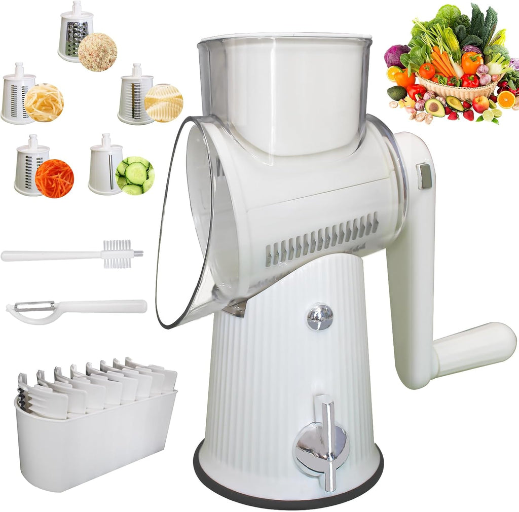Rotary Cheese Grater,Multifunction 5 In 1 Chopper Vegetable Cutter Slicer, Round Mandoline Drum Slicer,Cheese Shredder,Grater With Handle,Easy to Clean Kitchen Gadgets with Storage Box