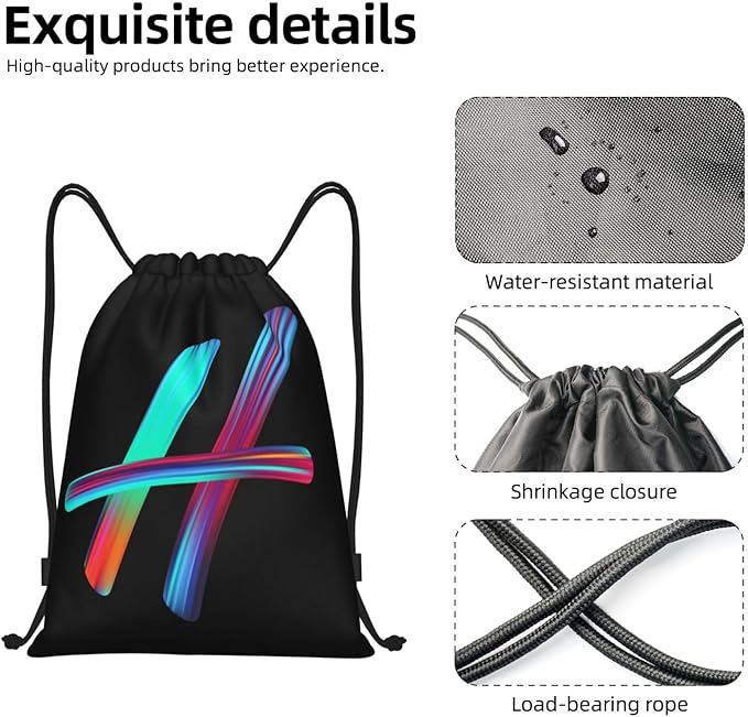 Drawstring Bags Initial Drawstring Backpack Sackpack Black Draw String Cinch Bags for Sports, Gym, Travel, Swimming, Beach, Camping, Rainbow Letter H