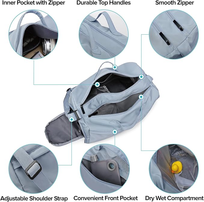 Sports Gym Bag for Women, Travel Workout Duffel Overnight Shoulder Bags with Shoes Compartment and Wet Pocket Lightweight Weekend Waterproof Blue