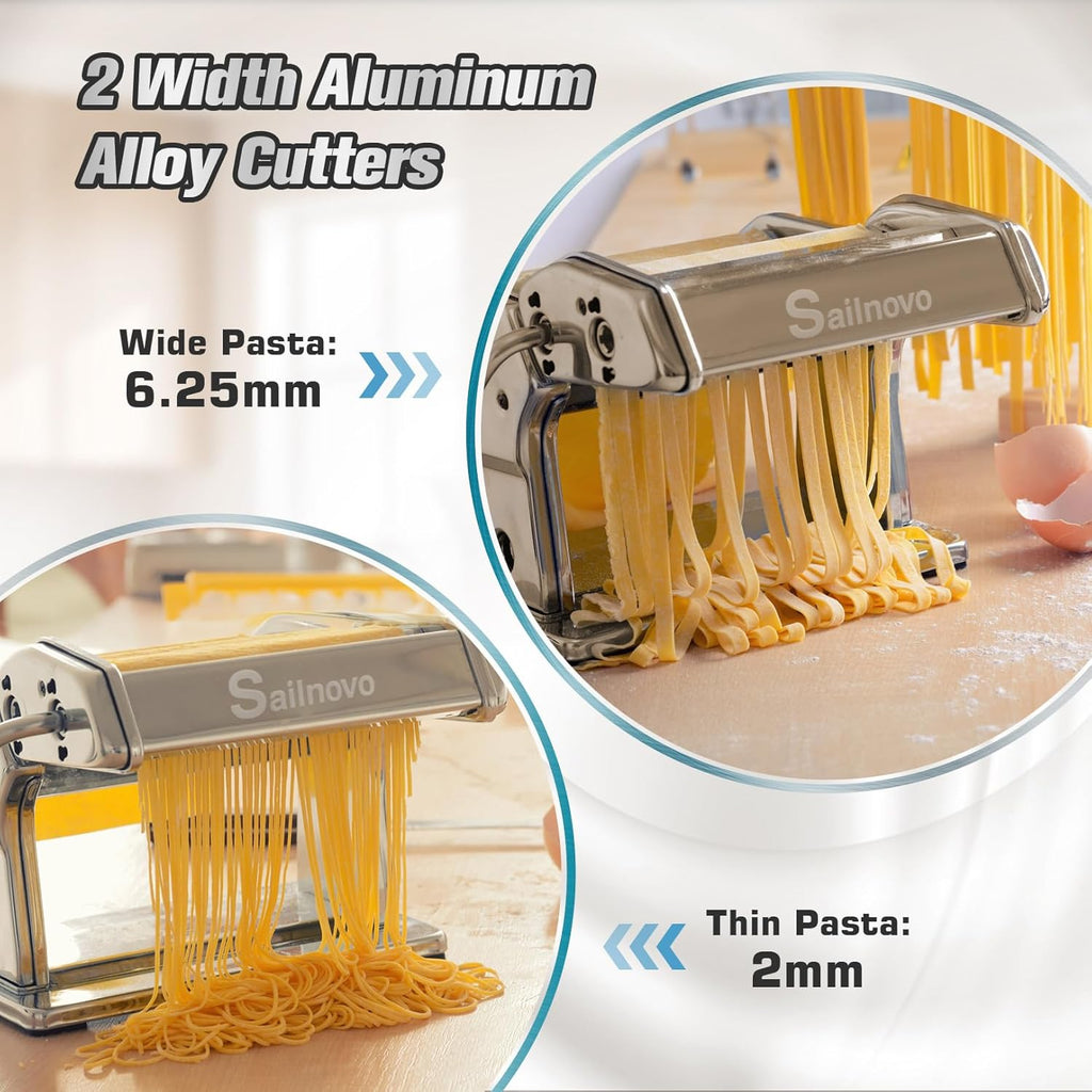 Sailnovo Pasta Maker Machine, 180 Roller Pasta Maker, 9 Adjustable Thickness Settings 2-in-1 Noodles Maker with Rollers and Cutter, Perfect for Spaghetti, Fettuccini, Lasagna or Dumpling Skin Silver