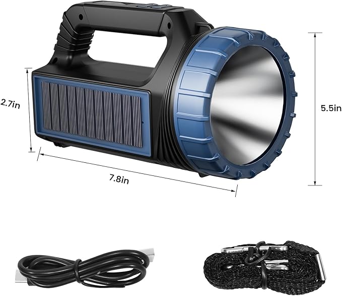 Solar Flashlights, Solar Flashlight for Multi Function 8000 Lumens Led Flashlight with Emergency Strobe Light Emergencies, Led High Lumens, USB C and Large Capacity Battery Fast Charging
