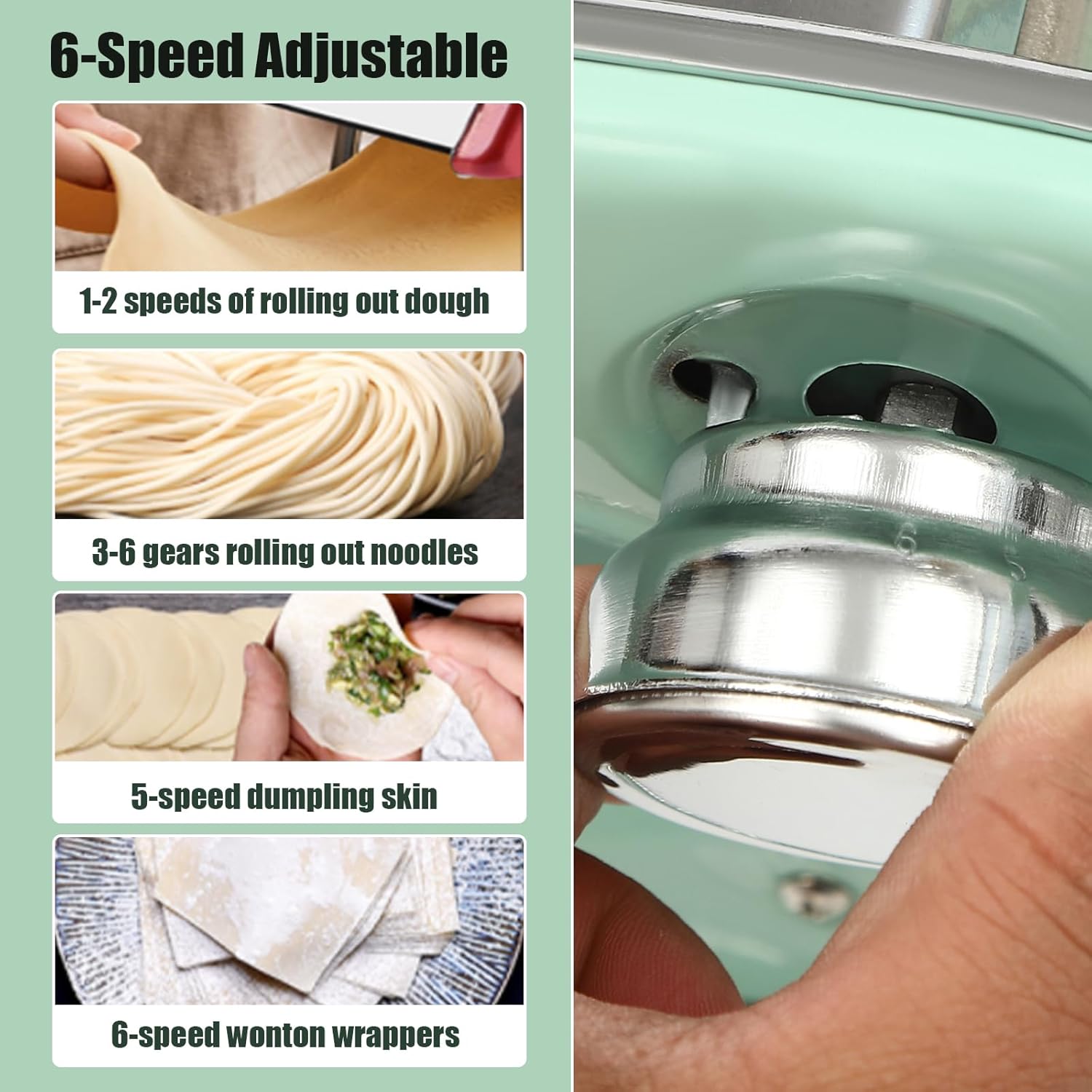 Pasta Maker Machine-6 Adjustable Thickness Settings, Adjustable Clamp, stainless steel Construction for Spaghetti, Fettuccini, Lasagna, Dumpling Skins (Green pasta maker)