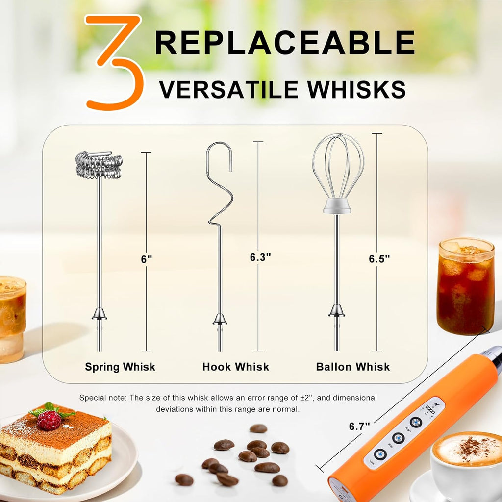 YUSWKO Fluorescence Orange Handheld Milk Frother Wand for Coffee, Rechargeable Electric Whisk with 3 Heads 3 Speeds Drink Mixer Coffee Frother For Latte, Cappuccino, Hot Chocolate, Egg