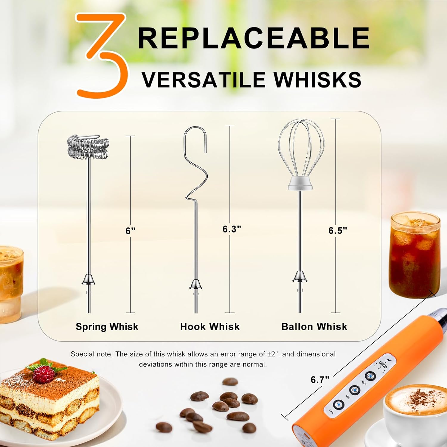 YUSWKO Fluorescence Orange Handheld Milk Frother Wand for Coffee, Rechargeable Electric Whisk with 3 Heads 3 Speeds Drink Mixer Coffee Frother For Latte, Cappuccino, Hot Chocolate, Egg