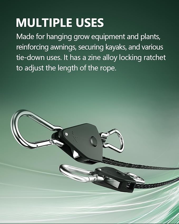 12-Pack 1/8” Adjustable Rope Hanger, Heavy Duty Ratchet Tie Down Strap with Reinforced Metal Gear, Ratcheting Pulley System Bungee Cord for Hanging Plants Grow Light and Various Tie-Down Uses