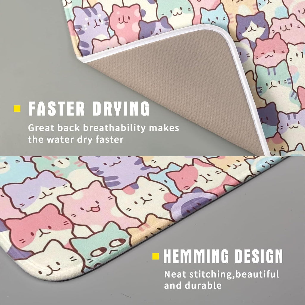 Colorful Cats Dish Drying Mat 16x18 inch Cute Animal Microfiber Reversible Fast Dry Dishes Drainer Rack Pad for Counter Kitchen Table Decor