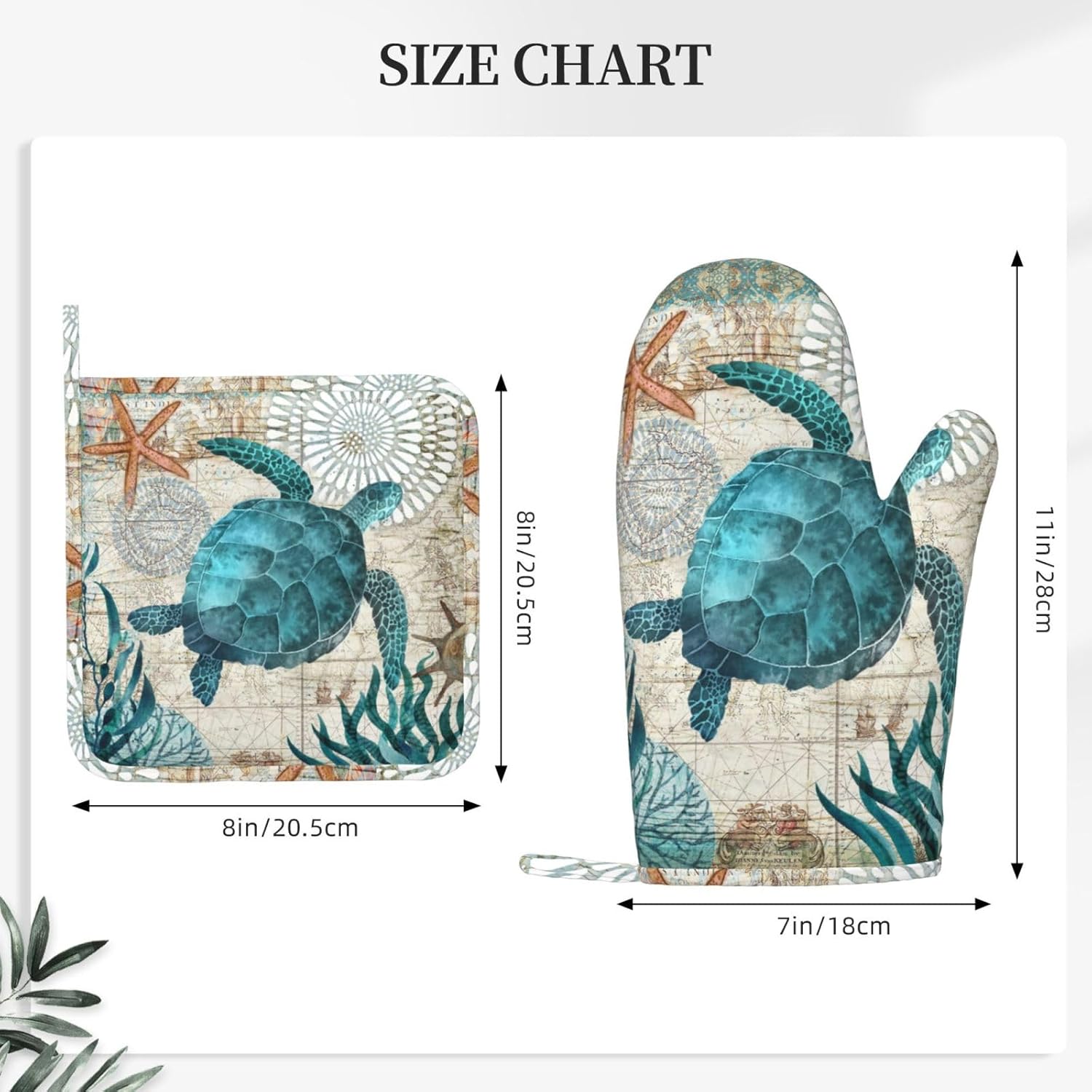 Sea Turtle Ocean Animal Landscape Oven Mitts and Pot Holders Sets Silicone Sea Turtle Kitchen Mitts Potholders Heat Resistant 4Pcs Oven Gloves Hot Pads for Kitchen Grilling