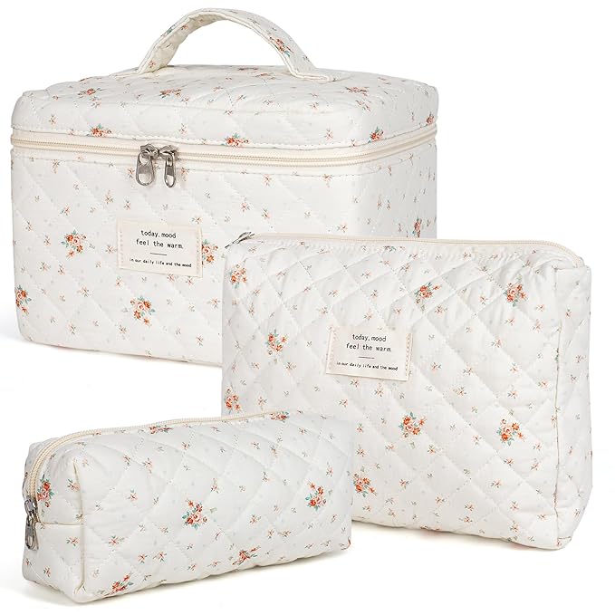Makeup Bag,Quilted Cosmetic Bags,Large Floral Make Up Organize bag,Makeup Bag Set for Women,Flower Travel Toiletry Bag