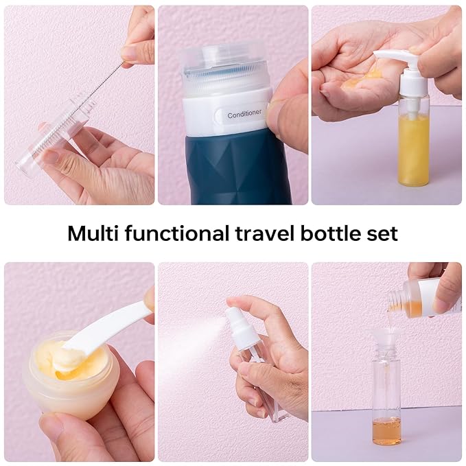 20 Pack Travel Bottles Set,Leak Proof TSA Approved Travel Size Containers, Silicone Squeezable Travel Essentials Jar Accessories for Conditioner, Shampoo, Lotion & Body Wash Accessories (Dark Color)
