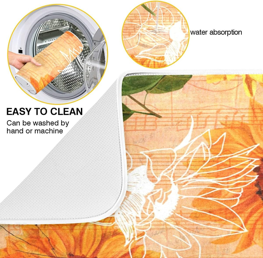 Super Absorbent Dish Drying Mat, Microfiber Fast-Drying Dish Mat, 16" x 18", Kitchen Dish Drying Pad, Watercolor Sunflowers