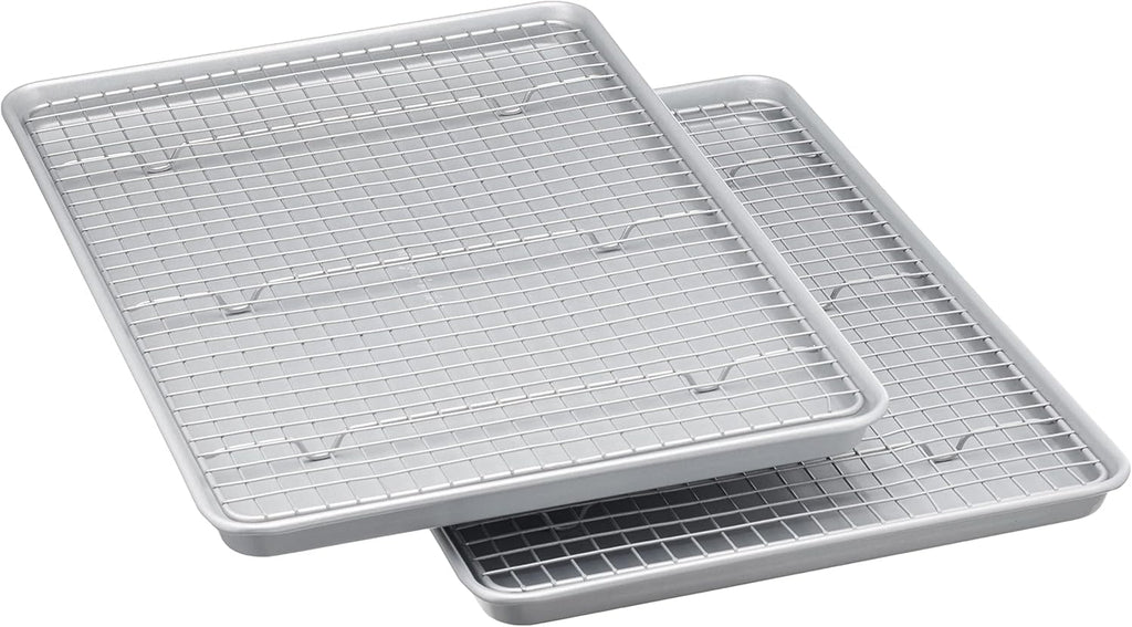 Amazon Basics Ceramic Nonstick Baking Sheets & Cooling Rack Set, Non-Toxic, Half Sheet Size, 2-Pack, Gray