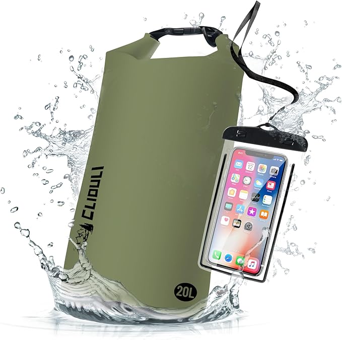 Waterproof Dry Bag,Roll Top Green Large Waterproof Backpack 2L/5L/10L/20L/30L/40L Floating Lightweight Bags for Kayaking, Boating, Fishing, Swimming Camping with Waterproof Phone Case